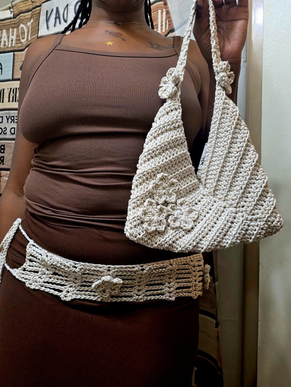 Handmade Cream Crochet Floral Purse & Tie Belt Set 🌸✨